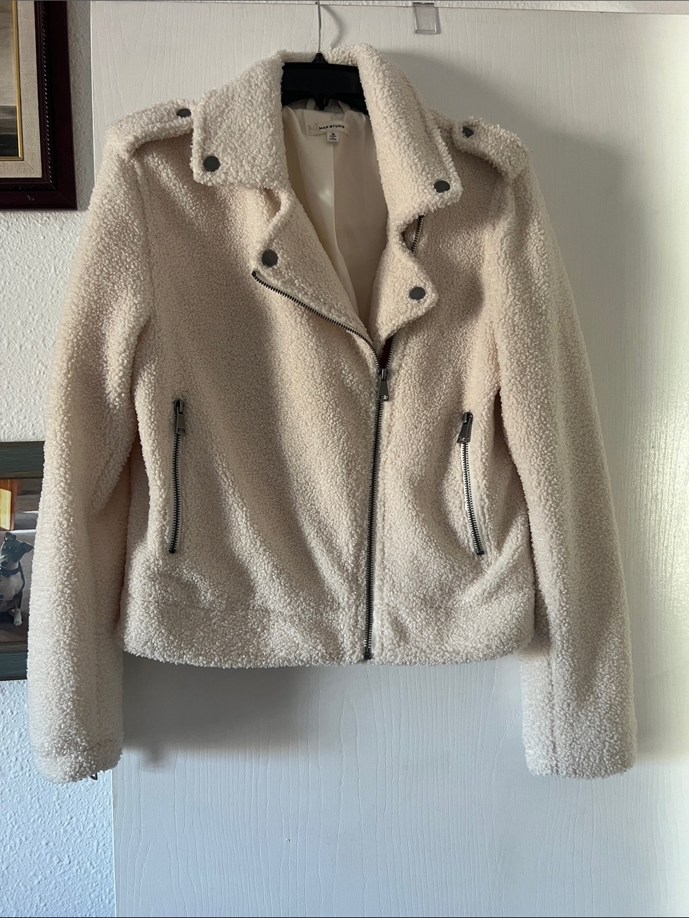 Max Studio Cream Teddy Sherpa Moto Jacket